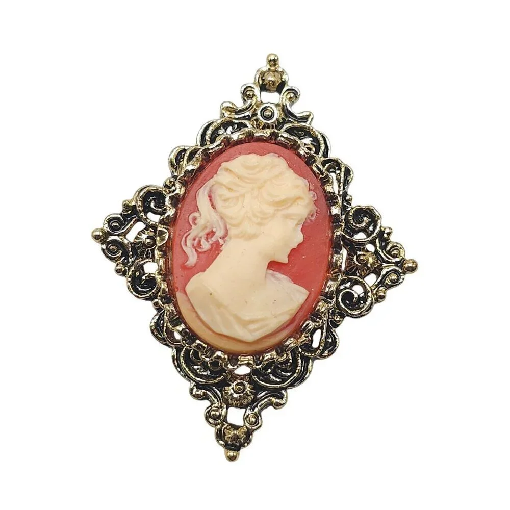 Vintage Cameo Signed GERRYS Gold Tone Victorian Brooch Pin Pendant Jewelry